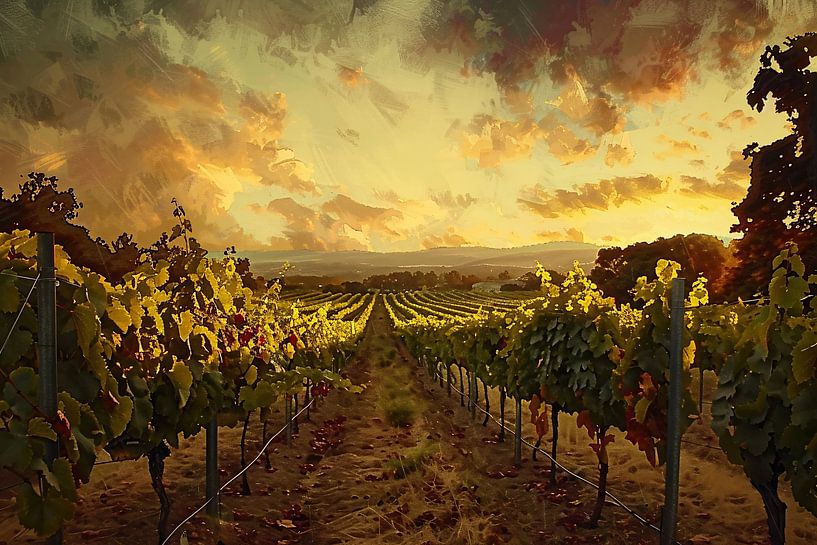 Autumn sun glows over undulating vineyard by Art & Soul Creations