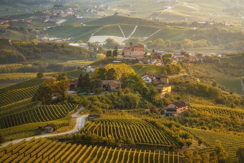 Golden Hour on Historic Grinzane Castle and Langhe Vineyards by Stefano Orazzini