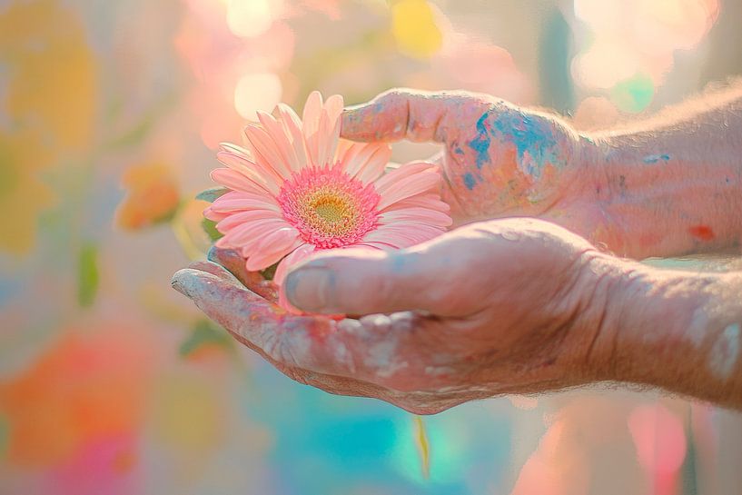 Hände halten zarte Blume farbenfroh von Poster Art Shop