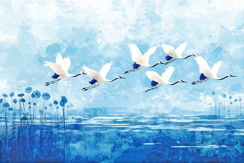 Japandi, Kraanvogel in Blauw II van Caroline Guerain