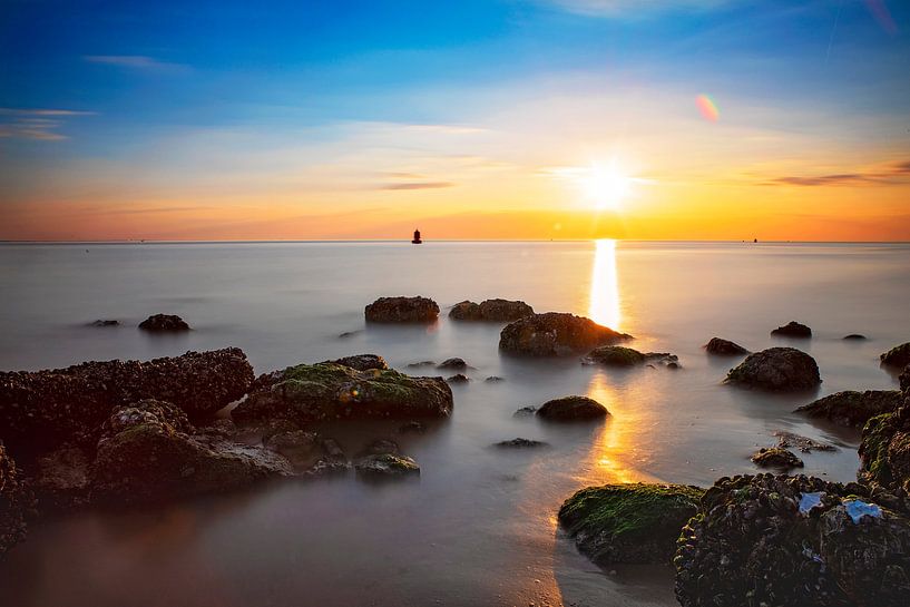 Sunset rocks in the water by Monique Bonnema