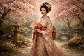 Geisha in een sakura-tuin – Japanse kunstcollectie