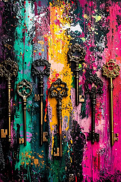 Ornamentale sleutels op kleurrijke achtergrond van Art & Soul Creations