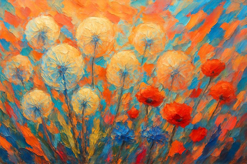 Dynamische paardenbloemen met klaprozen van Claudia Gründler