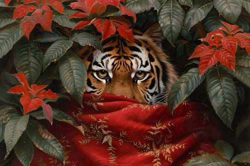 Schilderij van tijger tussen kleurrijke bladeren