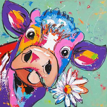 The cow and the flower by Vrolijk Schilderij