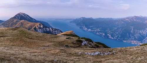 Panorama of Monte Baldo and Lake Garda in Italy before sunrise