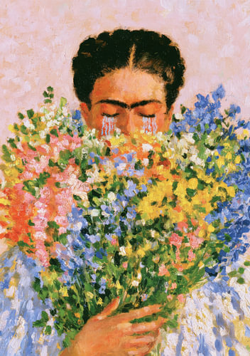 Melancholic Blossoms – Frida amidst a sea of colourful flowers