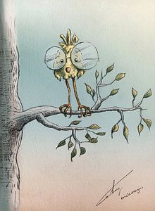 Niedlicher kleiner Vogel mit großer Brille