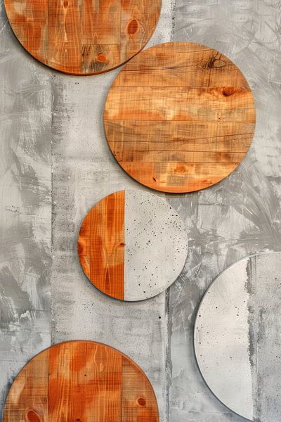 The five circles of wood and concrete for the wall by Digitale Schilderijen