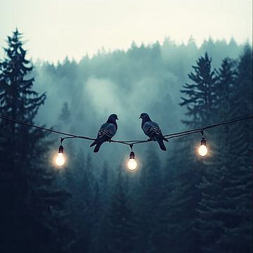 Connecting in the mist: birds and lights in the forest by Vlindertuin-Art