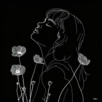 lijntekening van een vrouw met een bloem van Gelissen Artworks