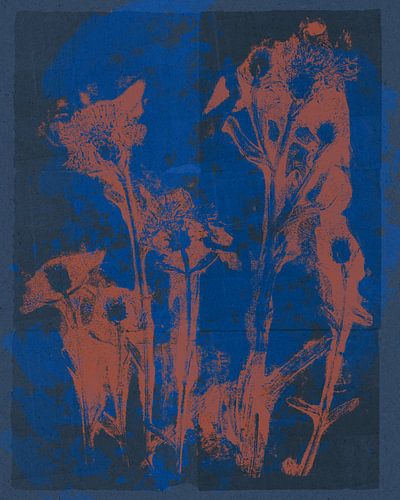 Moderne botanische kunst. Bloemen in terracotta op kobaltblauw.