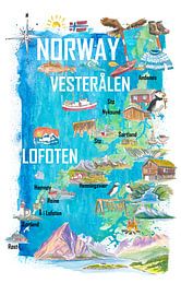 Lofoten & Vesterålen Geïllustreerde Noorwegen reiskaart met iconische hoogtepunten