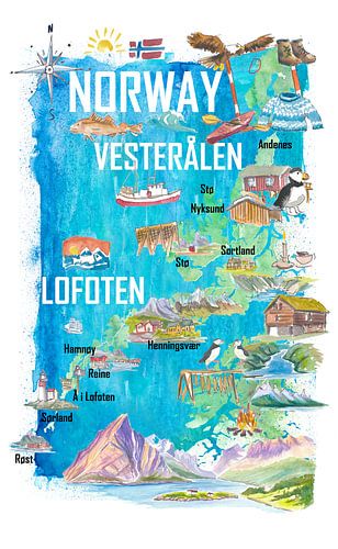 Lofoten & Vesterålen Geïllustreerde Noorwegen reiskaart met iconische hoogtepunten van Markus Bleichner