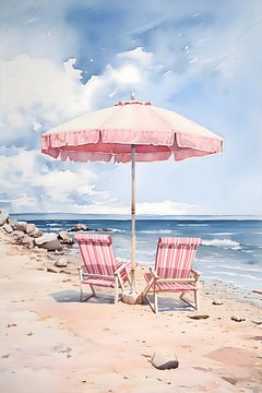 Strand met roze parasol van Uncoloredx12