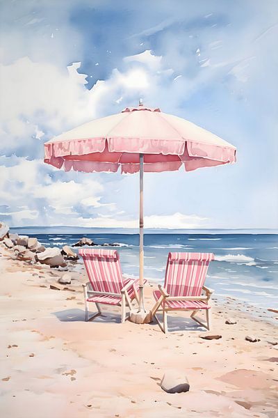 Strand met roze parasol van NJ Midnight Studio