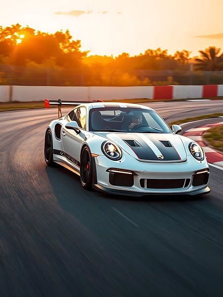 Porsche 911 GT3 RS Blanc et noir Rayures Racing Coucher de soleil par MIROKKU