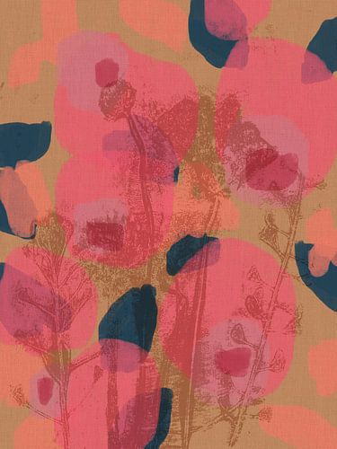 Kleurrijke botanische kunst in neonroze, koraal, blauw en bruin. Monotypes weidebloemen.