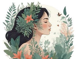 Mystische Frau mit Naturelementen - Surreales botanisches Porträt von Ruliyreed