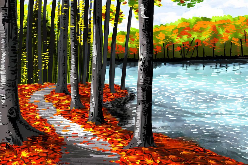 Herfstbos met meer en kleurrijke bladeren van Art & Soul Creations