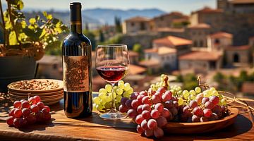 Red wine bottle on wooden table with a grape in Tuscany by Animaflora PicsStock