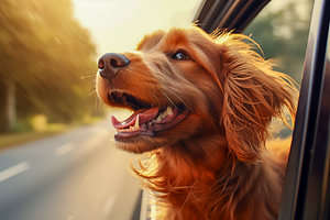 Kopf eines glücklichen Schoßhundes, der aus dem Autofenster schaut.
