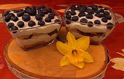Zelfgemaakte bosbessen laagjes dessert met mascarpone