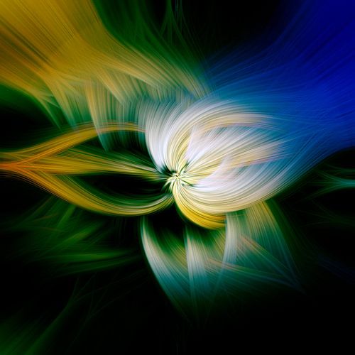 Fleur de lumière en jaune, vert, bleu. Feu d'artifice géométrique abstrait