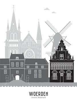 Skyline illustratie stad Woerden zwart-wit-grijs van Mevrouw Emmer
