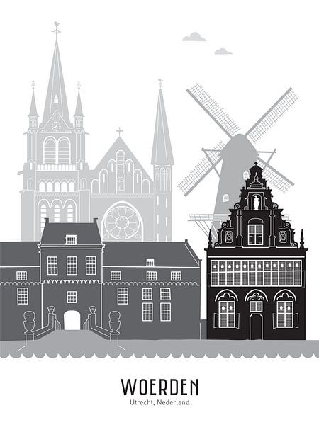 Illustration de la ligne d'horizon de la ville de Woerden noir-blanc-gris par Mevrouw Emmer