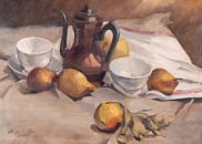 Peinture de nature morte avec des fruits, une théière et des tasses. par Galerie Ringoot Aperçu