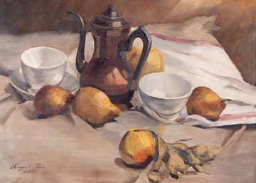 Stilleven schilderij met fruit, theepot en kopjes.