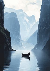 Einsames Boot in ruhiger Fjordlandschaft