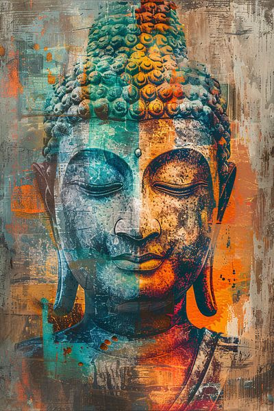 Buntes, rustikales Buddha-Porträt für eine heitere Atmosphäre von Art & Soul Creations