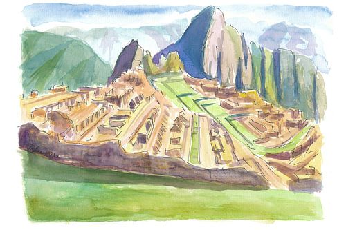 Majestätisches Machu Picchu Aquarell mit Blick auf die Anden