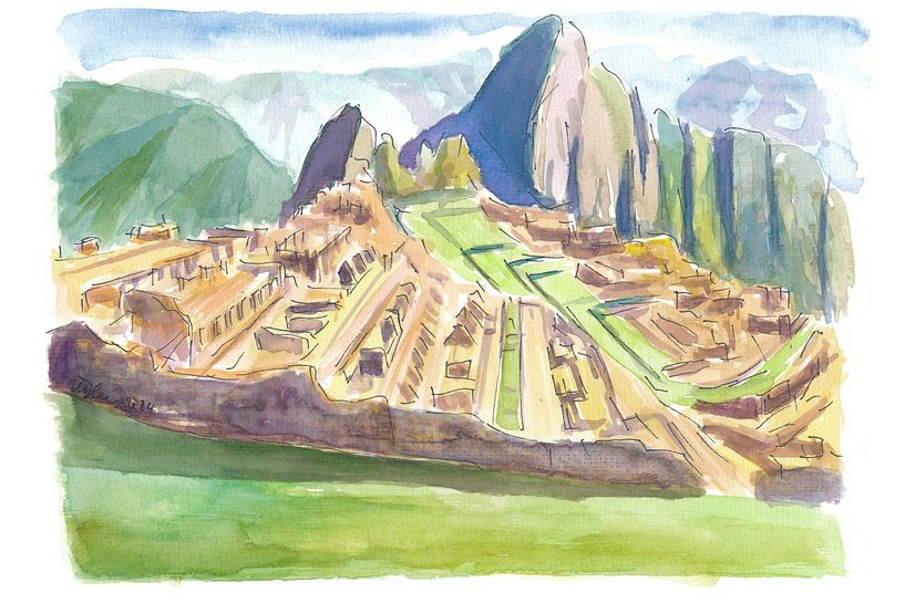 Majestätisches Machu Picchu Aquarell mit Blick auf die Anden von Markus Bleichner