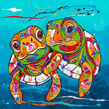 Vrolijke verliefde en knuffelende schildpadden van Happy Paintings