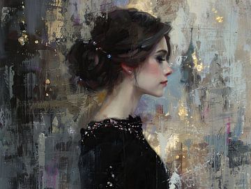 Elegant Woman by Abstract Painting