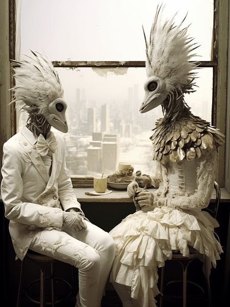 Shabby chic anthropomorphic pair of white birds conversation table sitting surreal by gm_designs