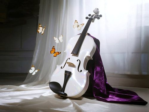 Violon blanc avec des papillons sur du velours