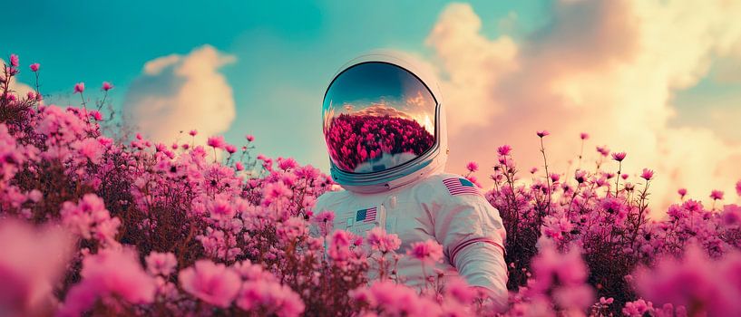 Astronaut in a sea of pink flowers - dreamlike by Poster Art Shop