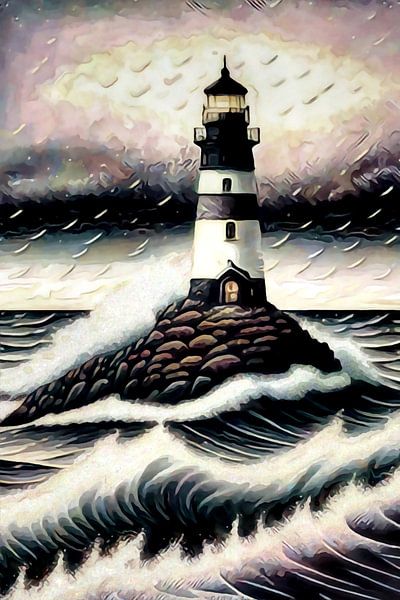Sturm kommender Leuchtturm auf Felsen und tobende Wellen von Anna Marie de Klerk