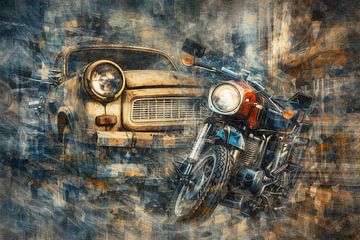Künstlerische Darstellung eines Oldtimers mit Schichtungen und Strukturmix