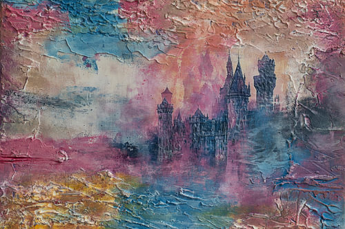 Abstract painting of a castle, combination of mystery and fantasy