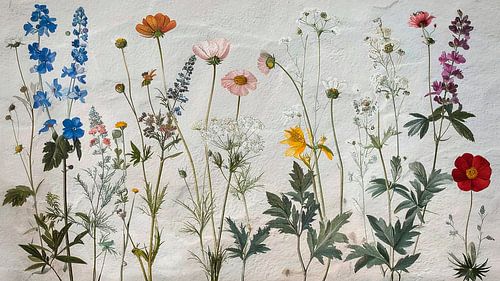 Zomerse botanische illustratie van wilde bloemen op beton.