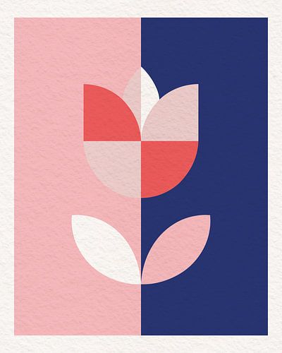 Affiche d'art minimaliste aux motifs géométriques de tulipes - Affiche murale florale de style Mid-Century Modern - Bleu marine et rose poudré, style botanique scandinave
