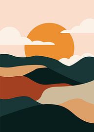 Minimalistische landschappen met heuvels bij zonsondergang in warme aardetinten