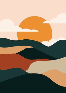 Minimalistische Landschaften mit Hügeln im Sonnenuntergang in warmen Erdtönen