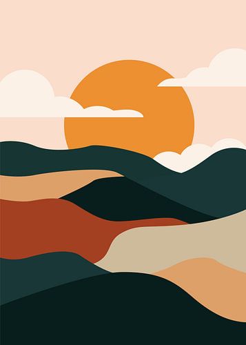 Paysages minimalistes : collines au coucher du soleil dans des tons chauds et terreux